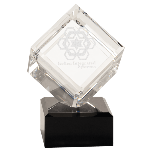Clear Crystal Cube on Black Pedestal Base - 6"
