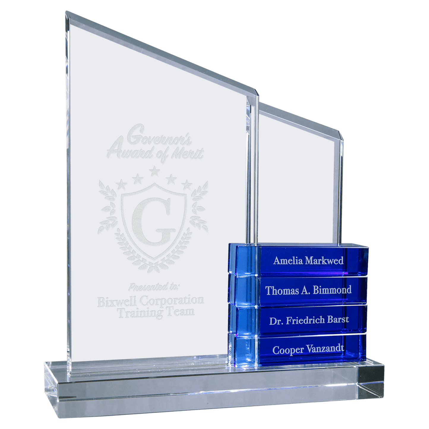 Crystal Perpetual Standup Plaque with 4 Blue Crystal Blocks - 8" x 9"