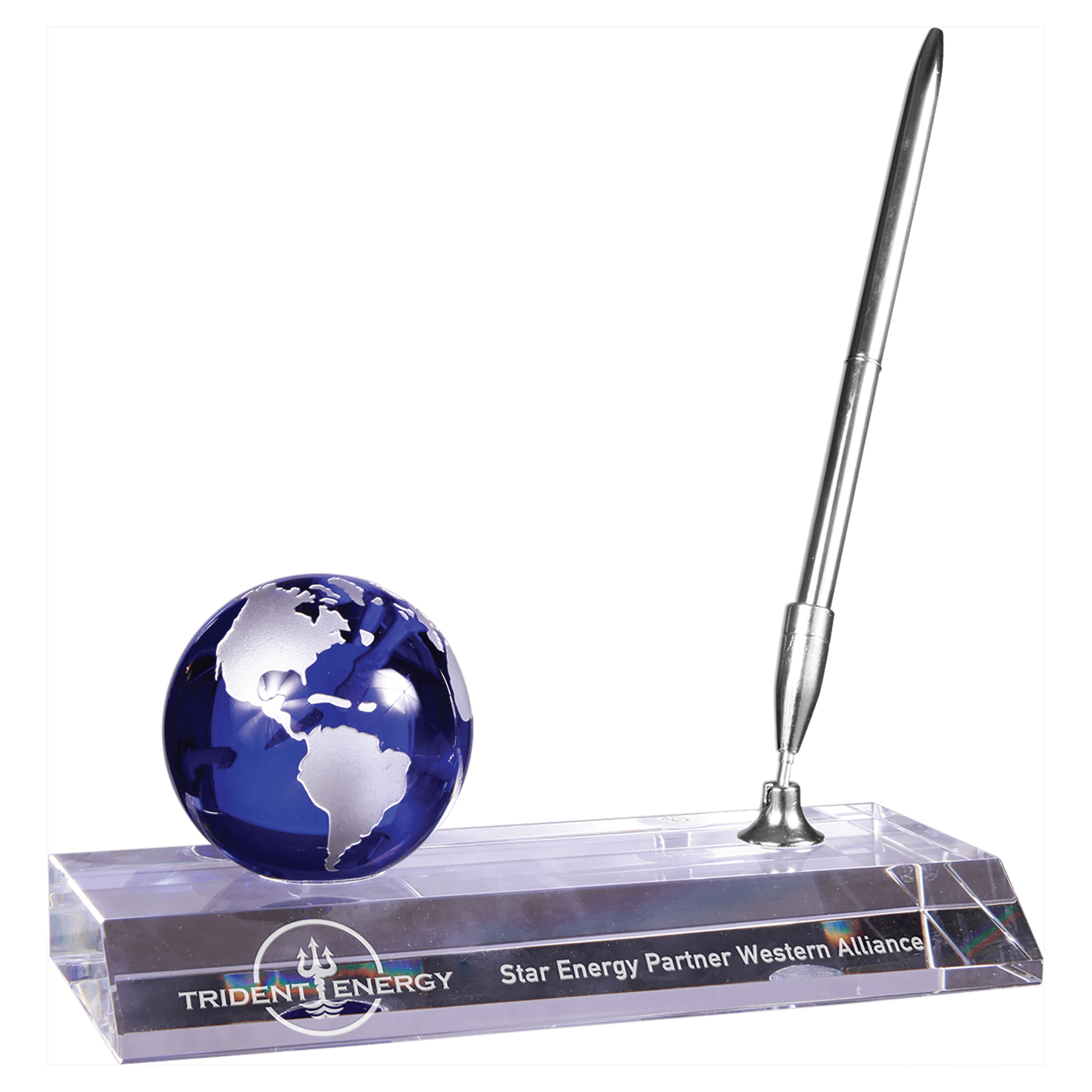 Blue Crystal Globe with Base and Pen - 7" x 3"