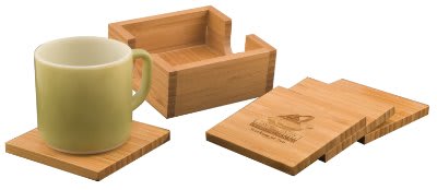 Bamboo Square 4-Coaster Set with Holder - 4" x 4"
