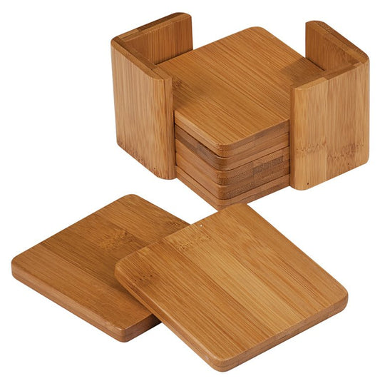 Bamboo Square 6-Coaster Set with Holder - 3 3/4" x 3 3/4"