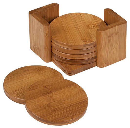 Bamboo Round 6-Coaster Set with Holder - 3 3/4"