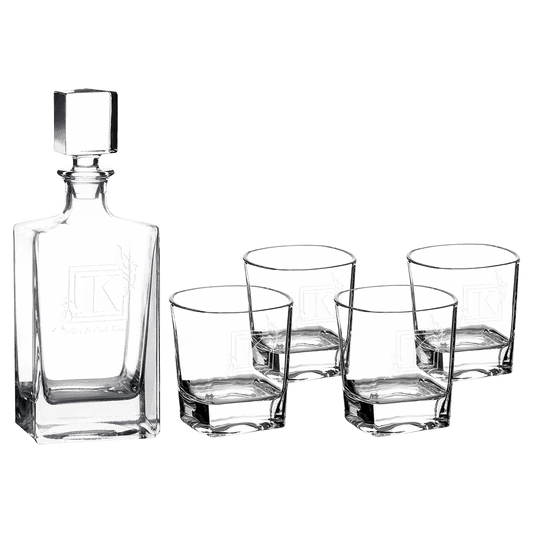 Polar Camel 810 mL Rectangle Glass Decanter Set with Four 8 oz. Rocks Glasses in Black Gift Box with Printed Paper Sleeve