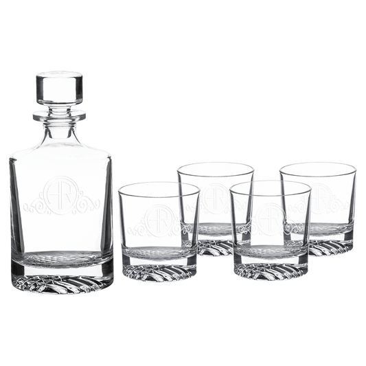 Polar Camel 850 mL Round Glass Decanter Set with Four 9 oz. Rocks Glasses in Black Gift Box with Printed Paper Sleeve