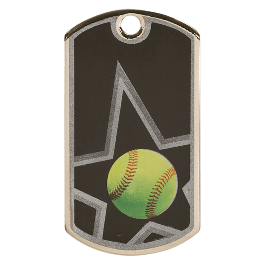 Black/Silver Softball Engravable Star Dog Tag - 2"