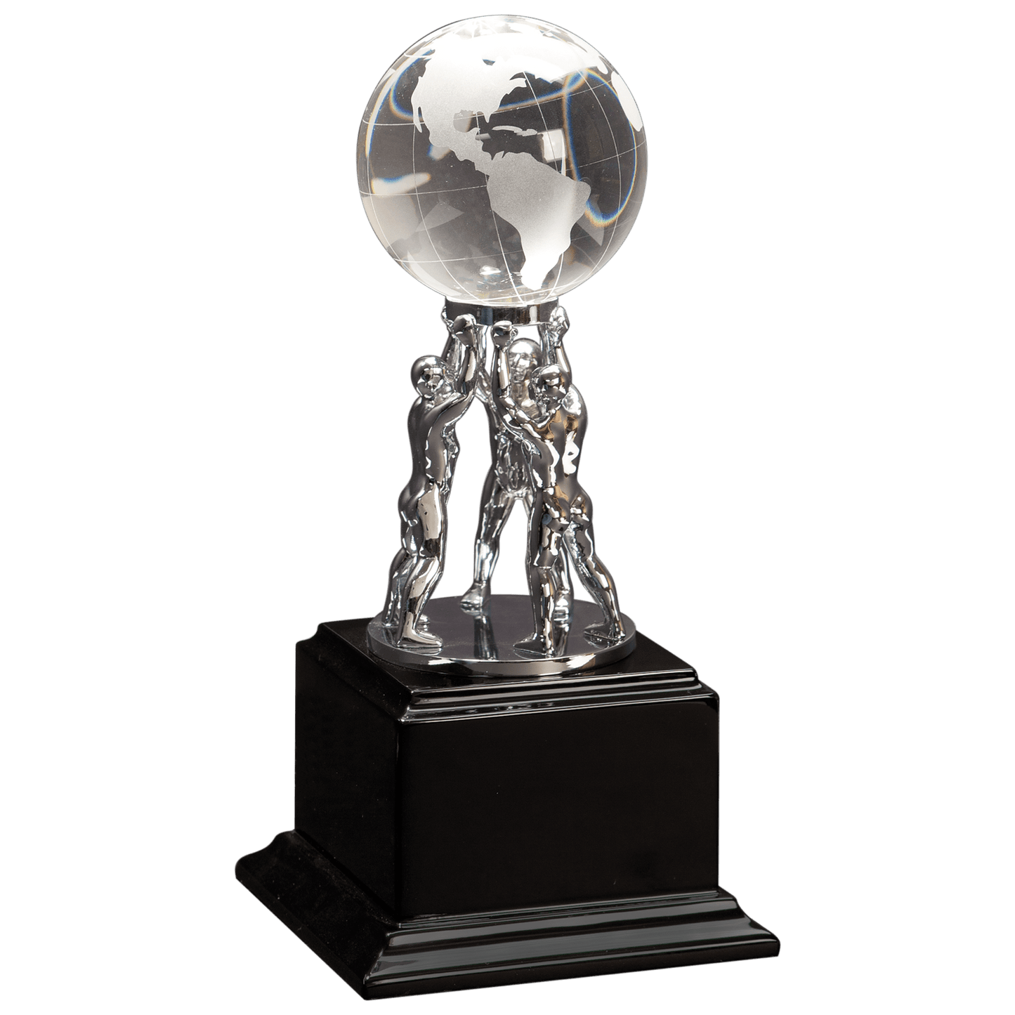 Clear Crystal Globe with Silver Men/Stand on Black Piano Finish Base - 10"