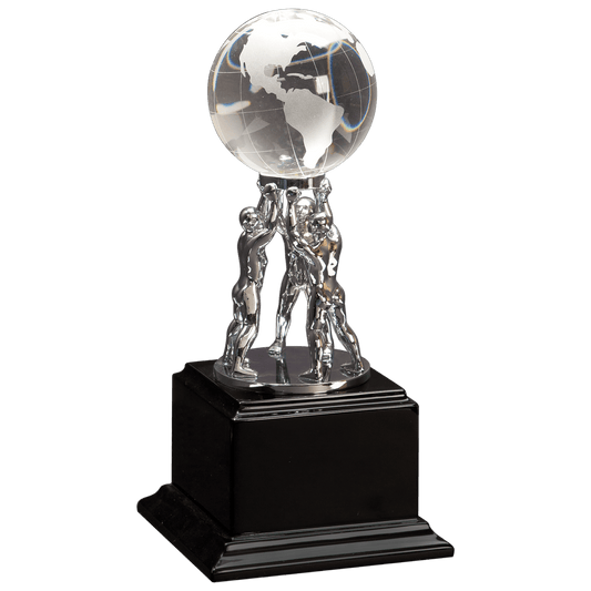 Clear Crystal Globe with Silver Men/Stand on Black Piano Finish Base - 10"