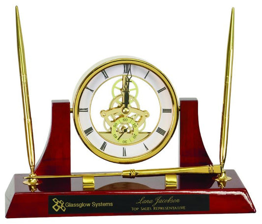 Executive Gold/Rosewood Piano Finish Clock w/2 Pens/Letter Opener - 10 1/2" x 6"