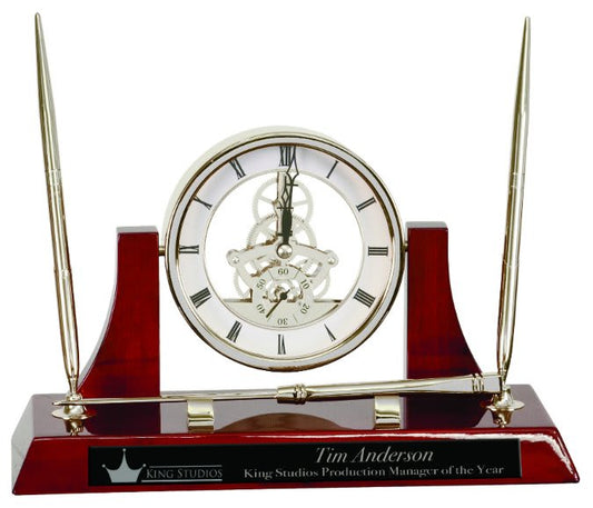 Executive Silver/Rosewood Piano Finish Clock w/2 Pens/Letter Opener - 10 1/2" x 6"