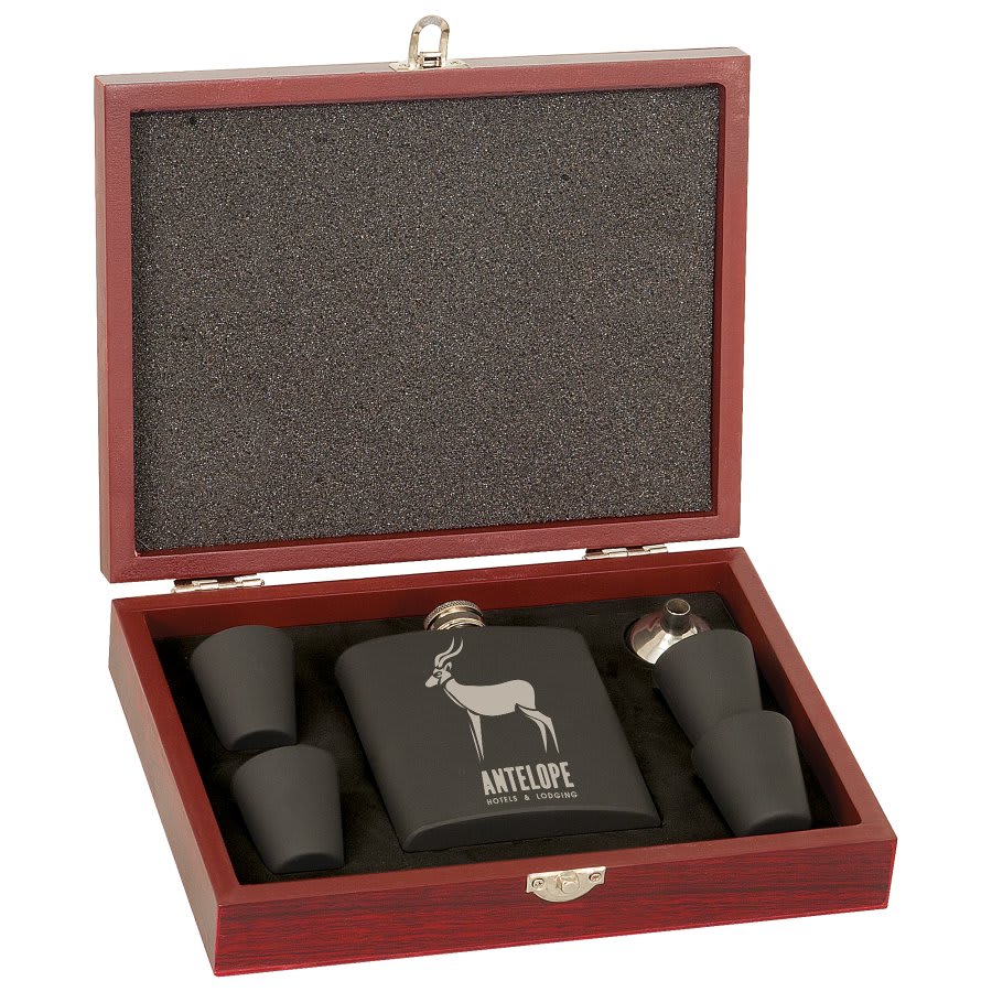 6 oz. Matte Black Engravable Stainless Steel Flask Set in Wood Presentation Box