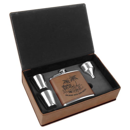 6 oz. Dark Brown Engravable Leatherette Flask Gift Set