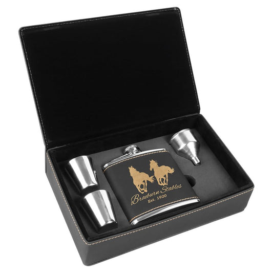 6 oz. Black/Gold Engravable Leatherette Flask Gift Set