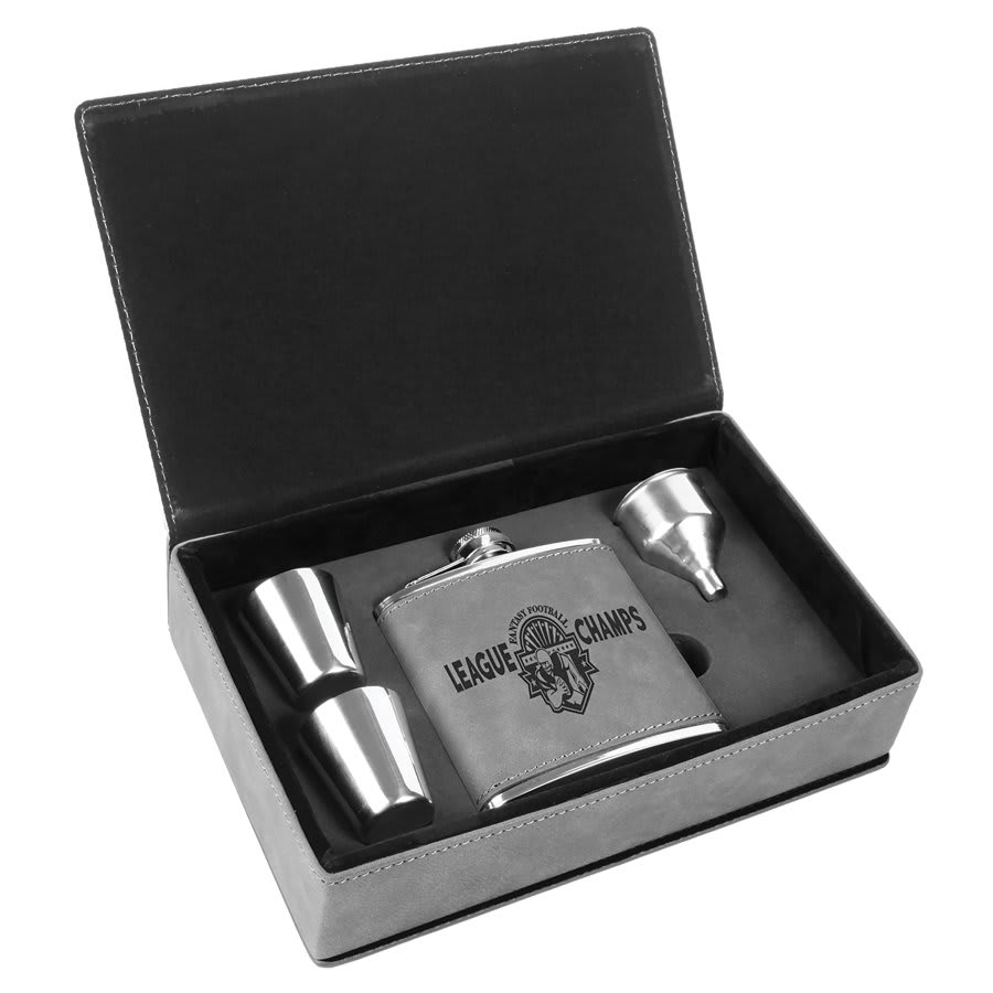 6 oz. Gray Engravable Leatherette Flask Gift Set