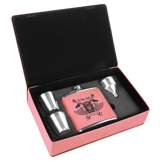 6 oz. Pink Engravable Leatherette Flask Gift Set