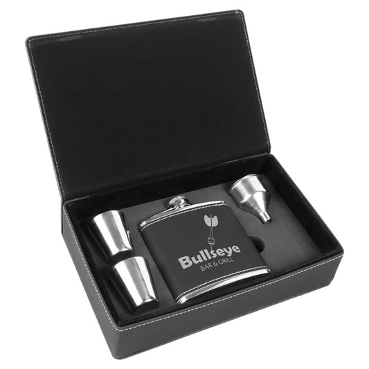 6 oz. Black/Silver Engravable Leatherette Flask Gift Set