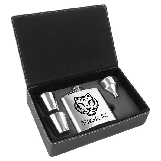 6 oz. Stainless Steel Flask Set in Black/Silver Engravable Leatherette Box