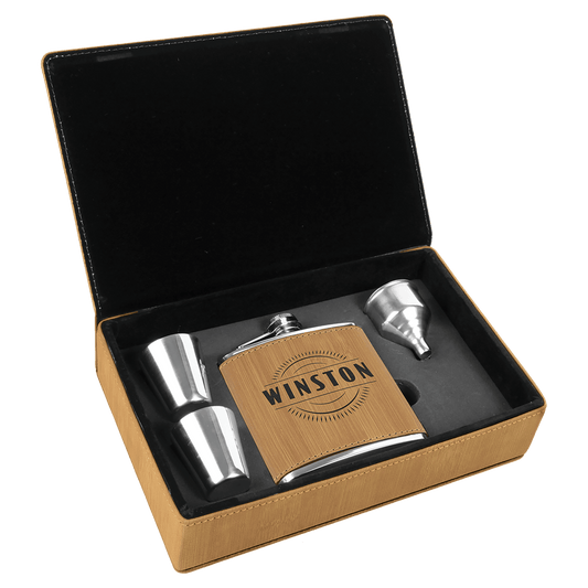 6 oz. Bamboo Engravable Leatherette Flask Gift Set
