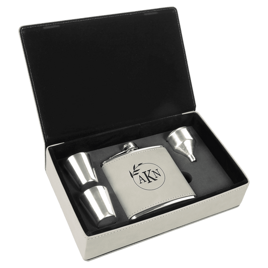 6 oz. White Engravable Leatherette Flask Gift Set