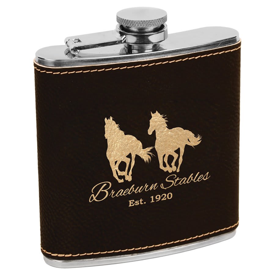 6 oz. Black/Gold Engravable Leatherette Stainless Steel Flask