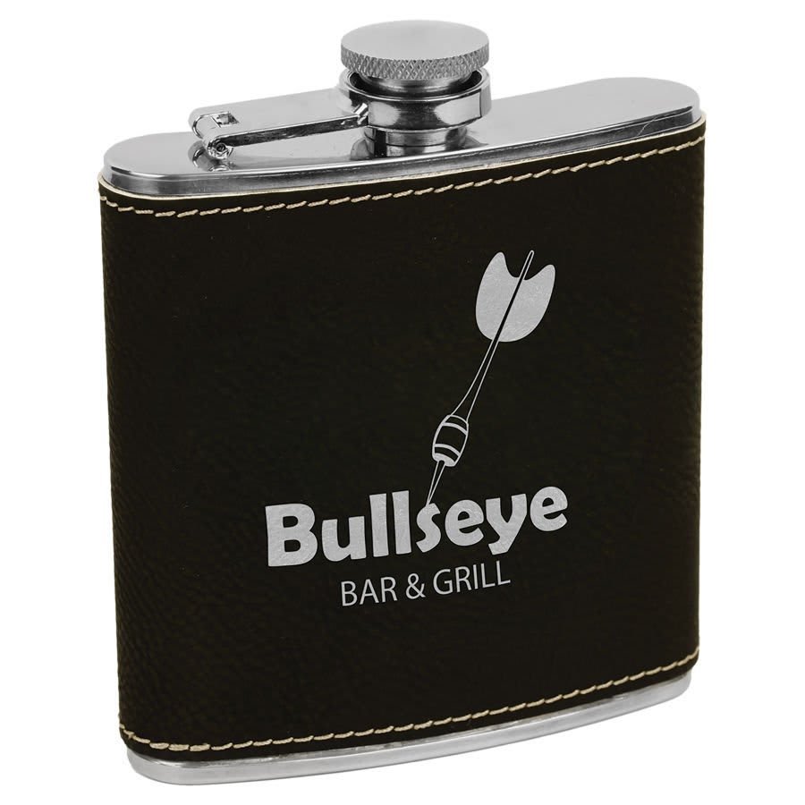 6 oz. Black/Silver Engravable Leatherette Stainless Steel Flask