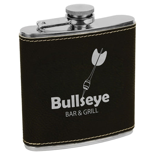 6 oz. Black/Silver Engravable Leatherette Stainless Steel Flask