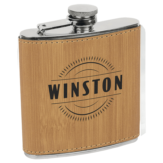 6 oz. Bamboo Engravable Leatherette Stainless Steel Flask
