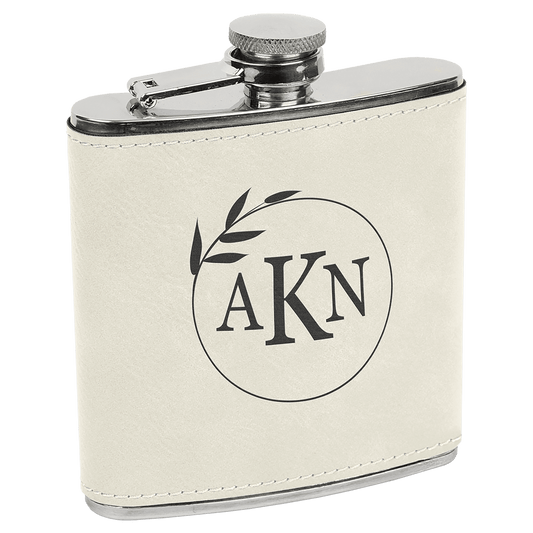 6 oz. White/Black Engravable Leatherette Stainless Steel Flask