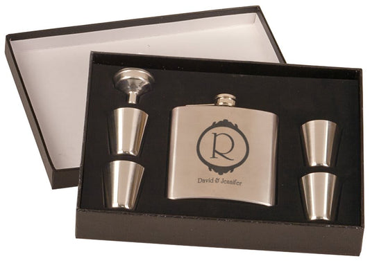 6 oz. Stainless Steel Flask Set in Black Presentation Box