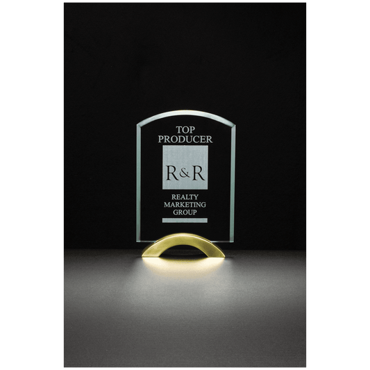 5" x 7 3/4" Arch Series Glass Award with Gold Metal Base