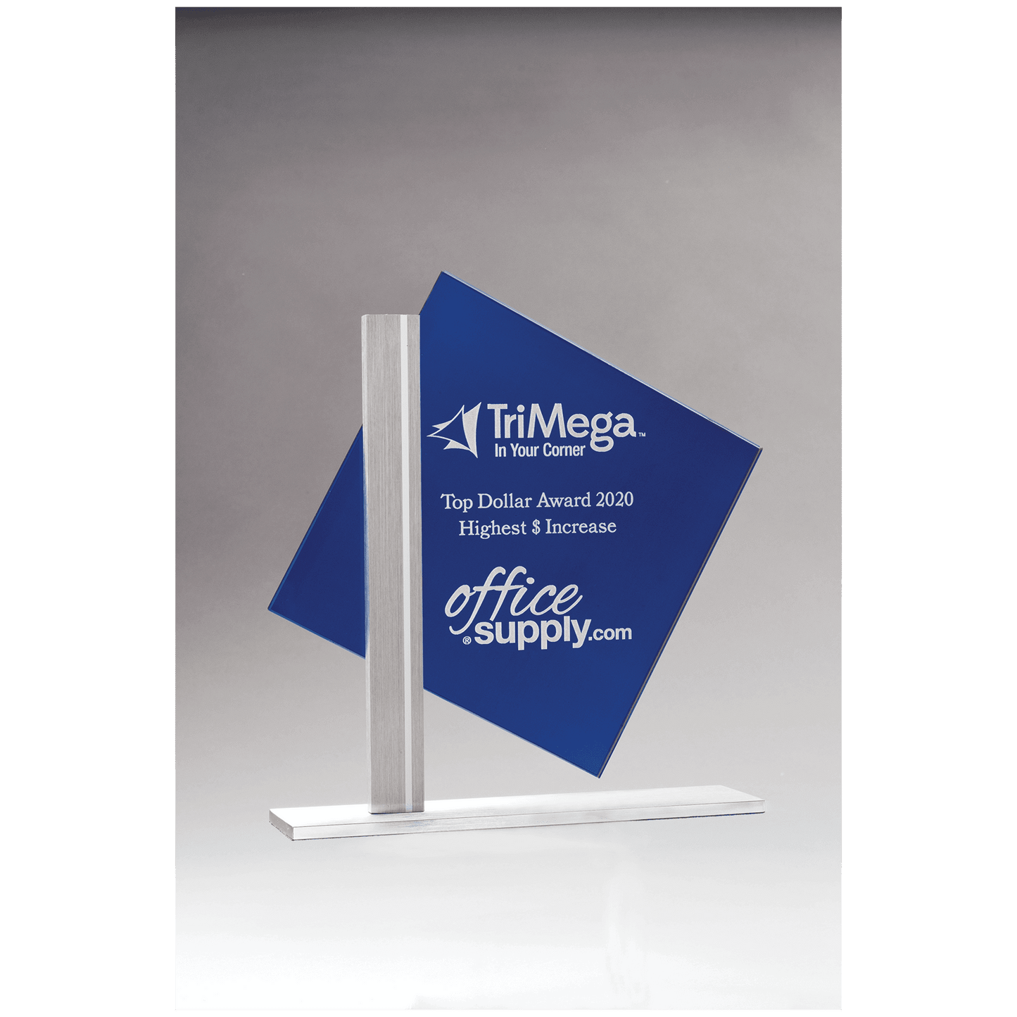 8" x 8 3/8" Diamond Series Blue Silkscreened Glass with Brushed Aluminum Post and Base