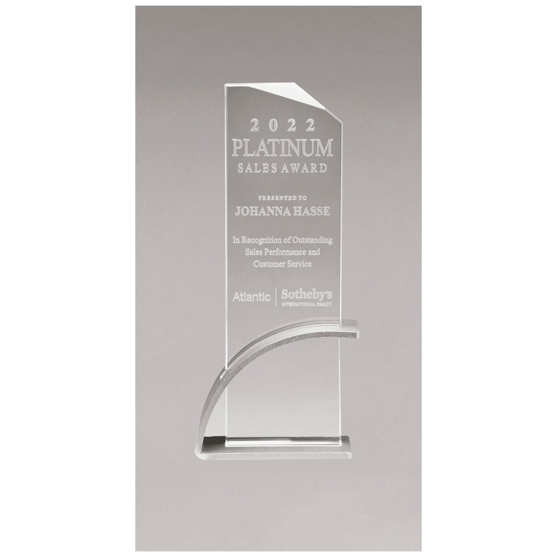 3 7/8" x 10 1/8" x 1/2" Thick Silver Contemporary Clear Glass Award, Arched Base with Matte Metallic Finish