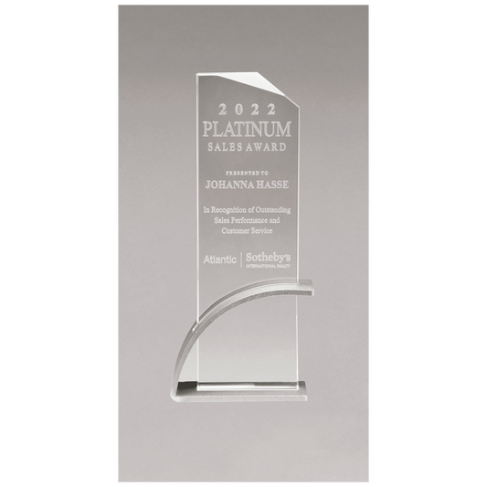 3 7/8" x 10 1/8" x 1/2" Thick Silver Contemporary Clear Glass Award, Arched Base with Matte Metallic Finish