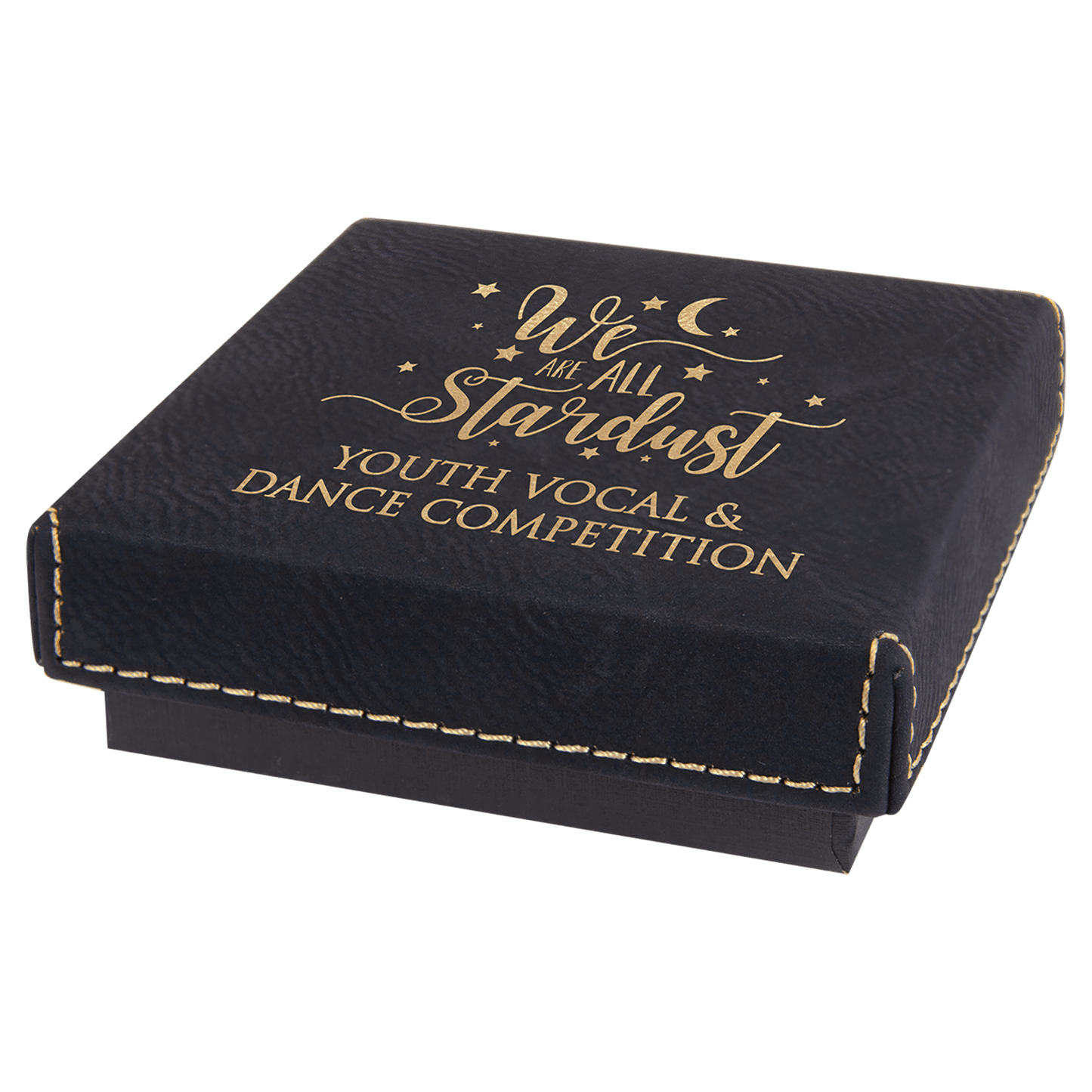 Black/Gold Medal Box with Engravable Leatherette Lid - 3 1/2" x 3 1/2"