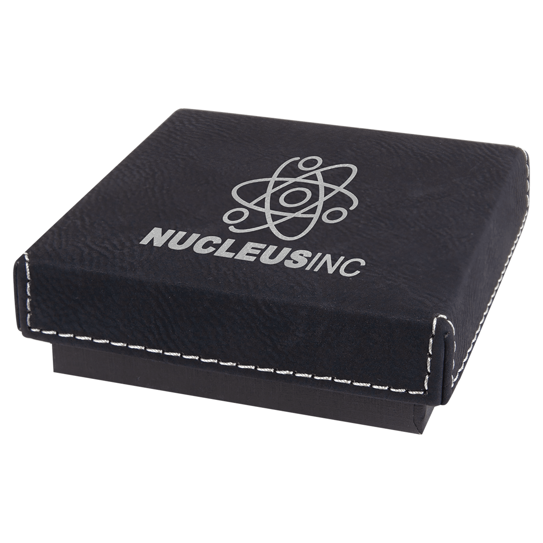 Black/Silver Medal Box with Engravable Leatherette Lid - 3 1/2" x 3 1/2"