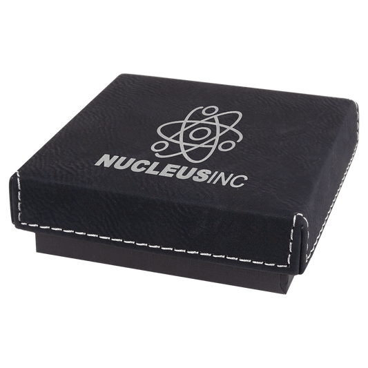 Black/Silver Medal Box with Engravable Leatherette Lid - 3 1/2" x 3 1/2"