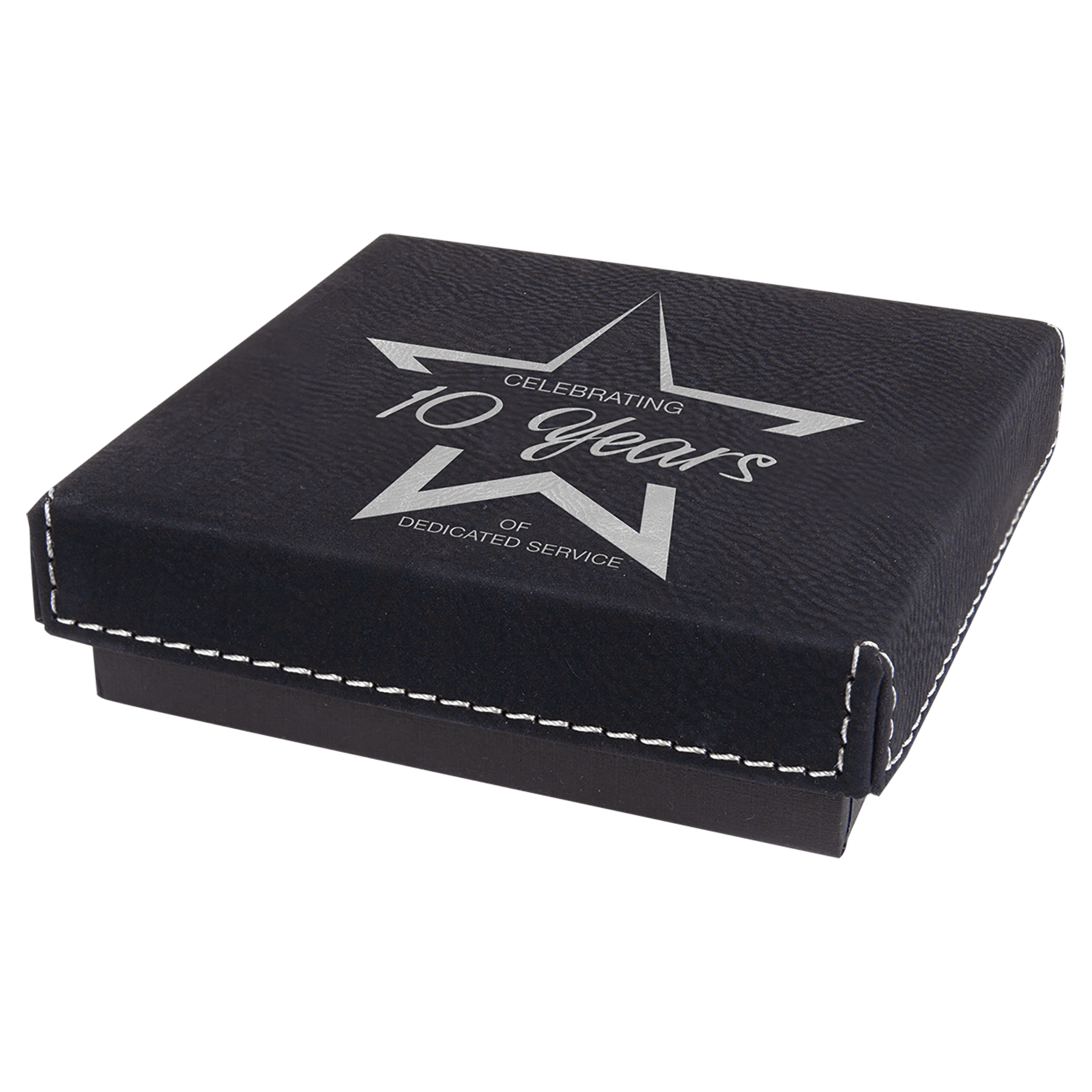 Black/Silver Medal Box with Engravable Leatherette Lid - 4" x 4"
