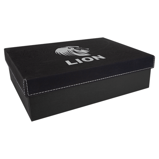 Black/Silver Gift Box with Engravable Leatherette Lid - 9 7/8 x 7 1/8"