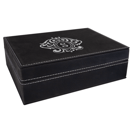 Black/Silver Engravable Leatherette Premium Gift Box - 8" x 6 3/8"