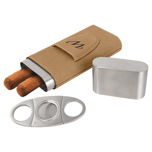 Light Brown Engravable Leatherette Cigar Case with Cutter