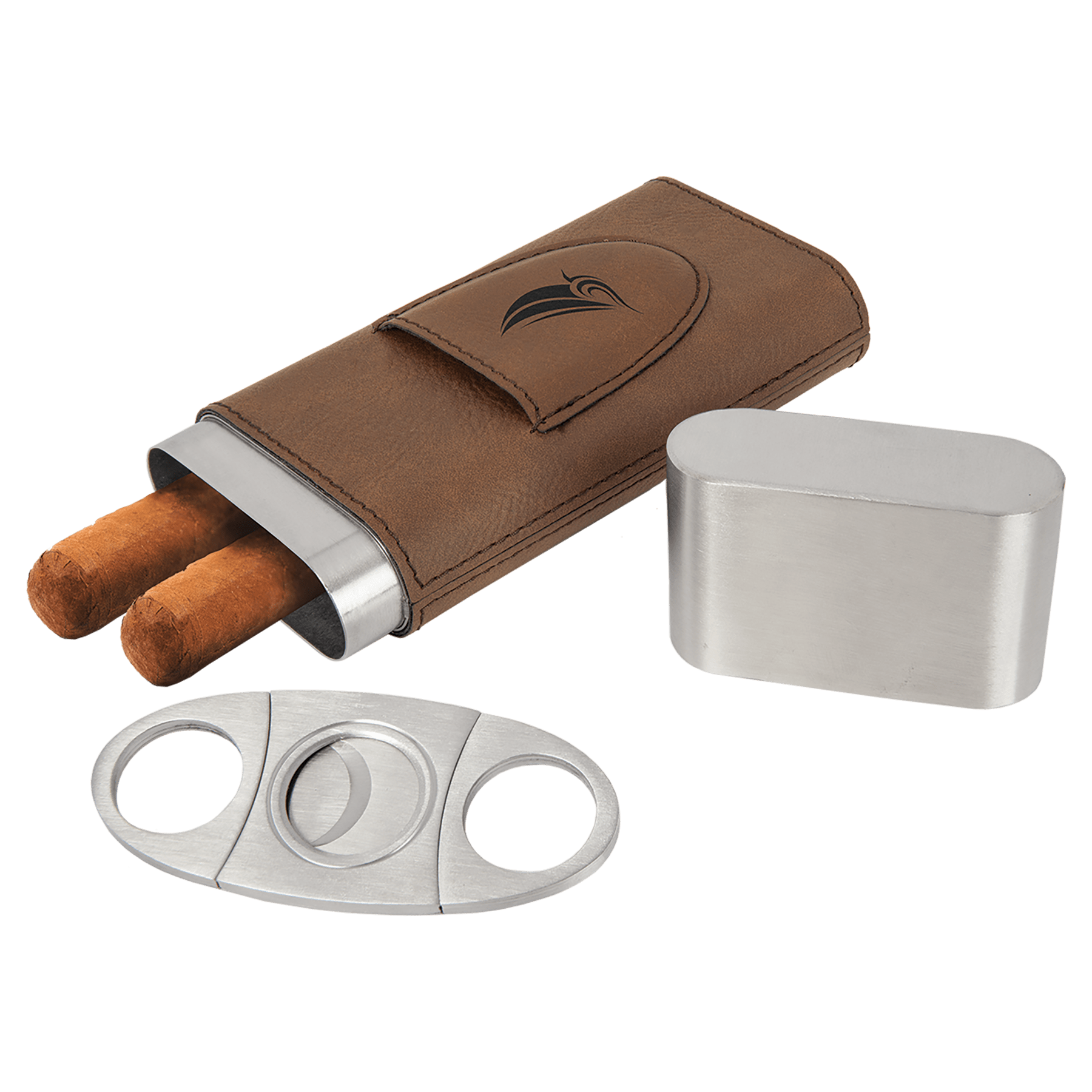 Dark Brown Engravable Leatherette Cigar Case with Cutter