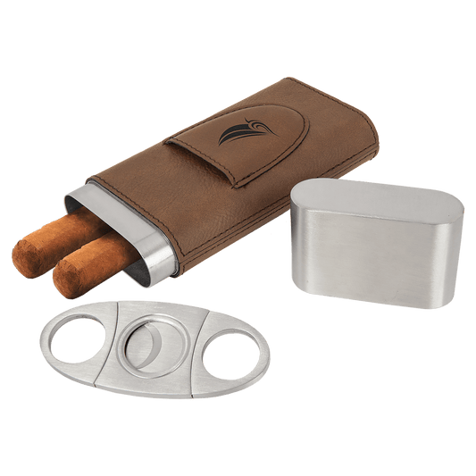 Dark Brown Engravable Leatherette Cigar Case with Cutter