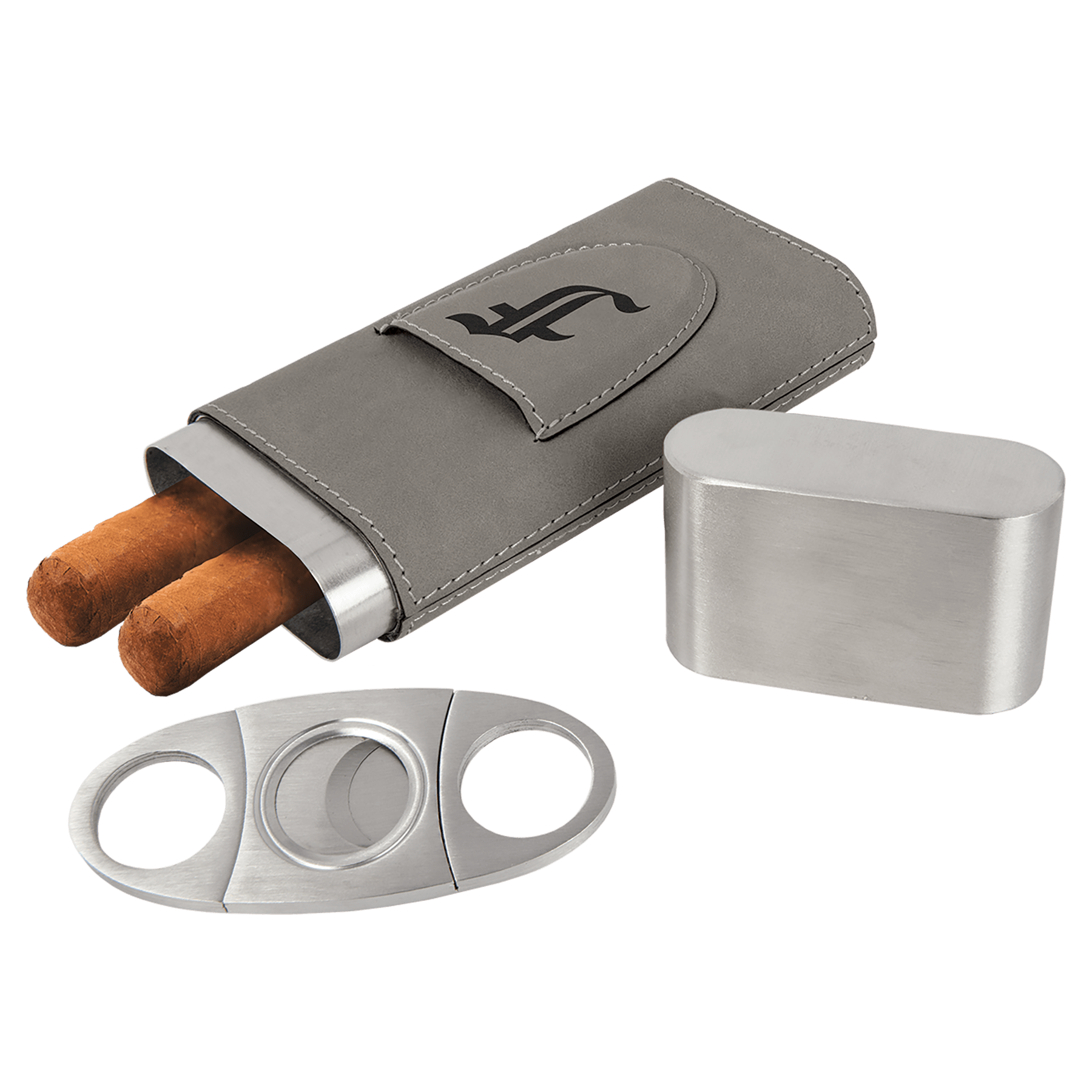Gray Engravable Leatherette Cigar Case with Cutter