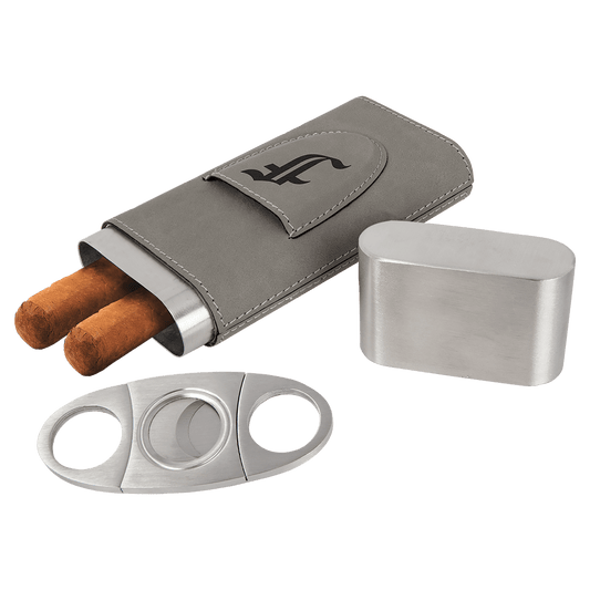 Gray Engravable Leatherette Cigar Case with Cutter