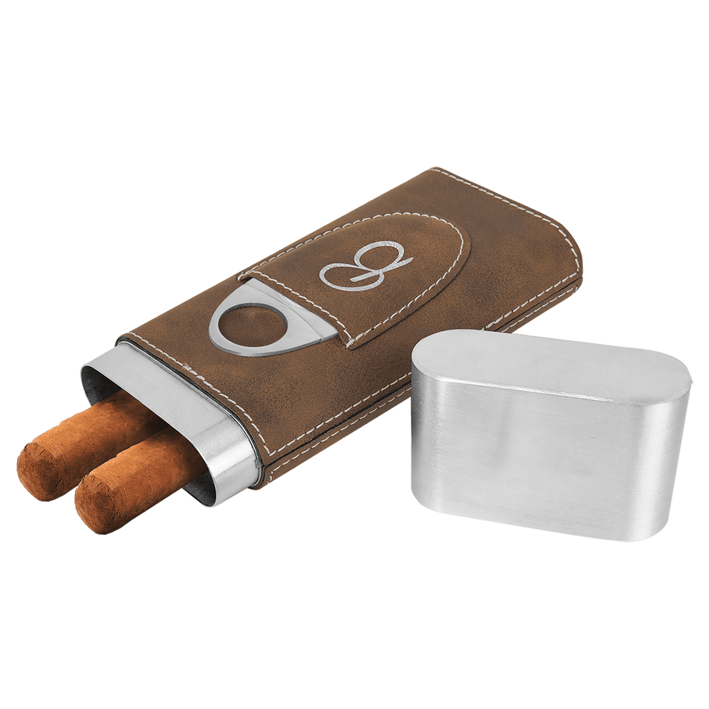 Rustic/Silver Engravable Leatherette Cigar Case with Cutter
