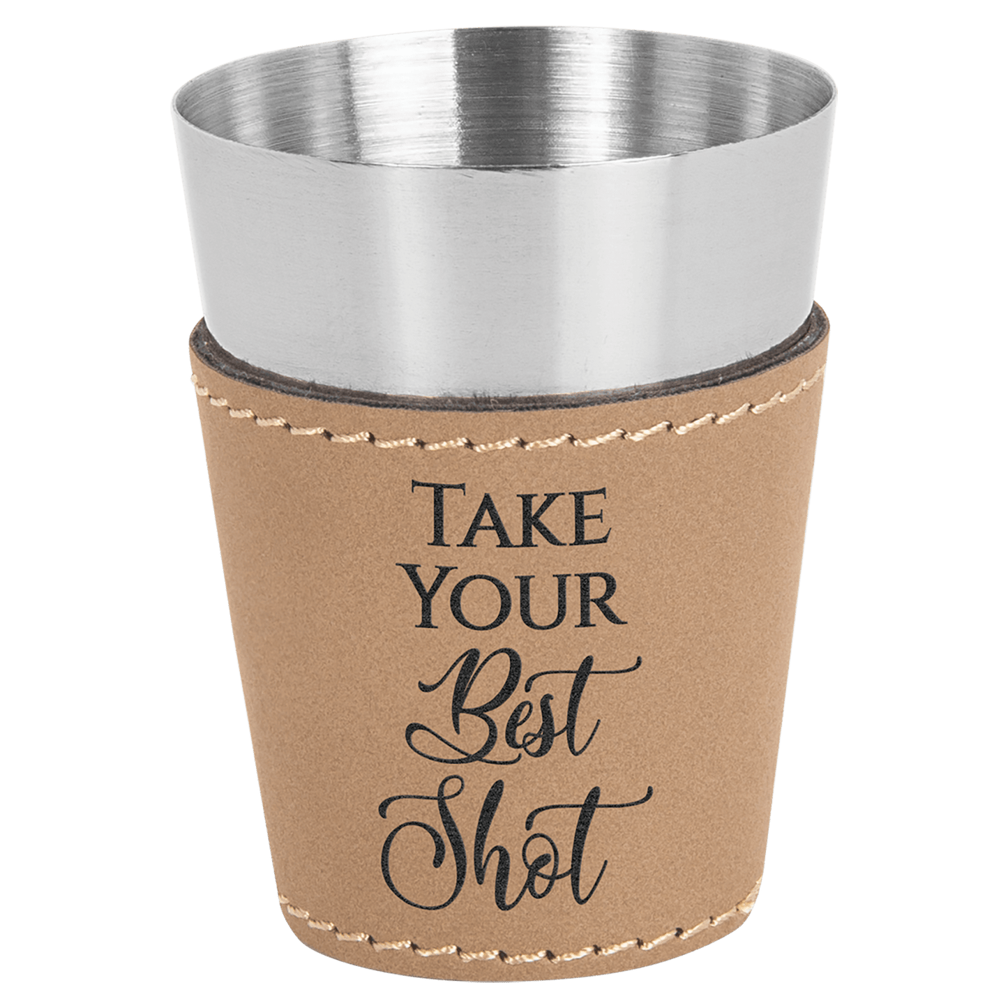 2 oz. Light Brown Engravable Leatherette & Stainless Steel Shot Glass