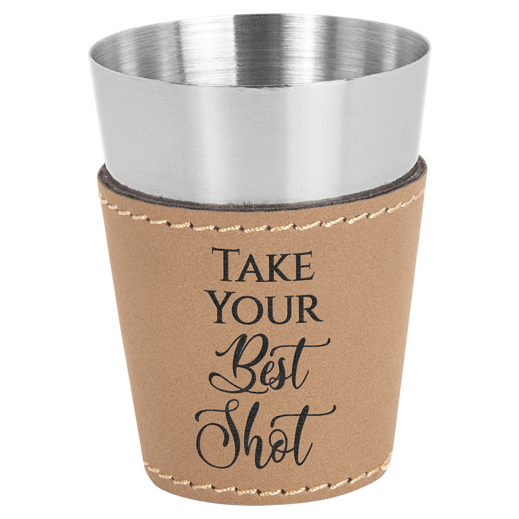 2 oz. Light Brown Engravable Leatherette & Stainless Steel Shot Glass