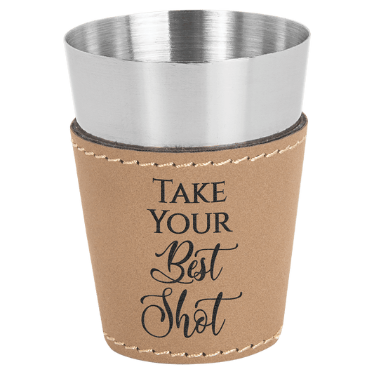 2 oz. Light Brown Engravable Leatherette & Stainless Steel Shot Glass