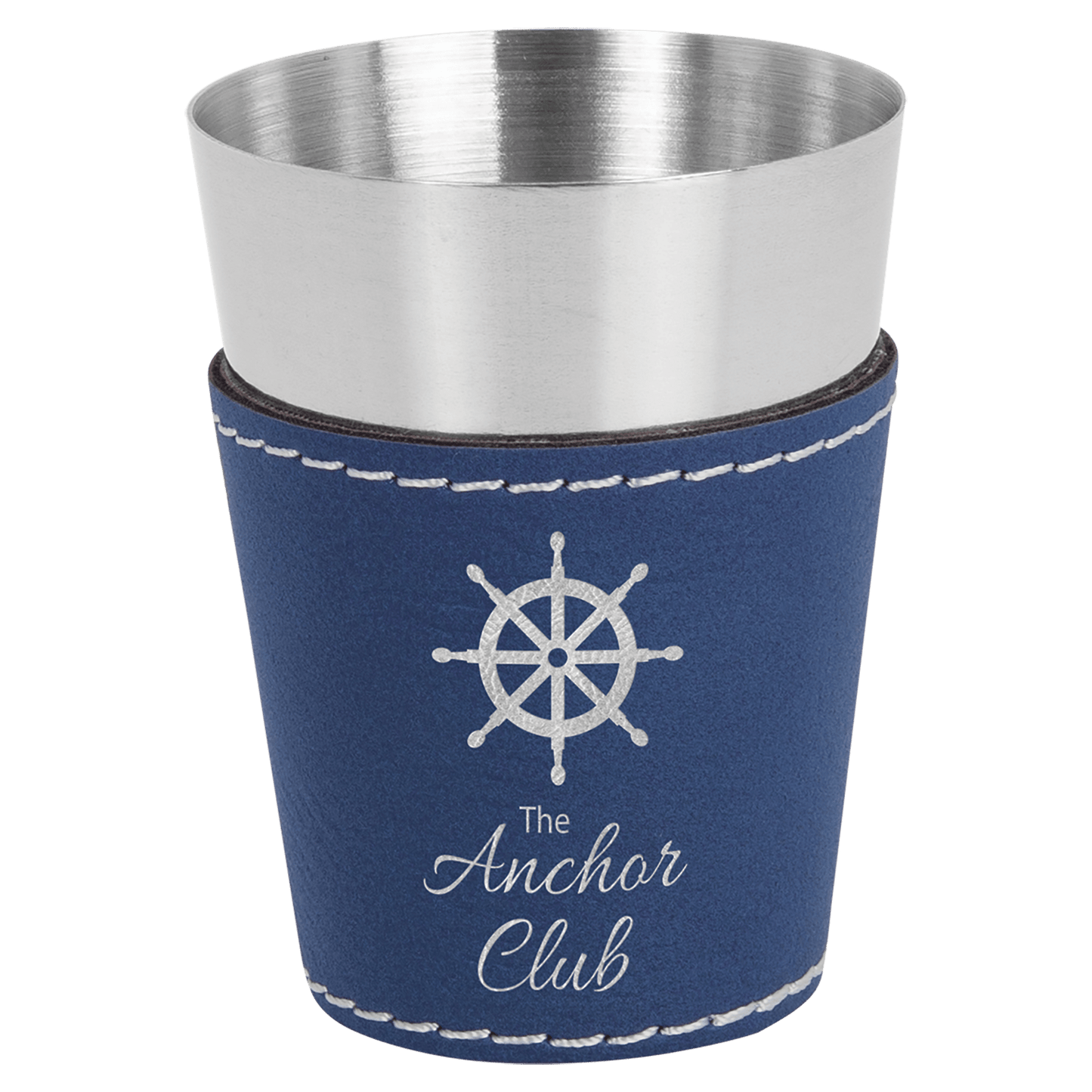 2 oz. Blue/Silver Engravable Leatherette & Stainless Steel Shot Glass