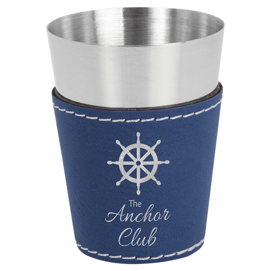 2 oz. Blue/Silver Engravable Leatherette & Stainless Steel Shot Glass