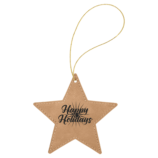 Light Brown Engravable Leatherette Star Ornament with Gold String